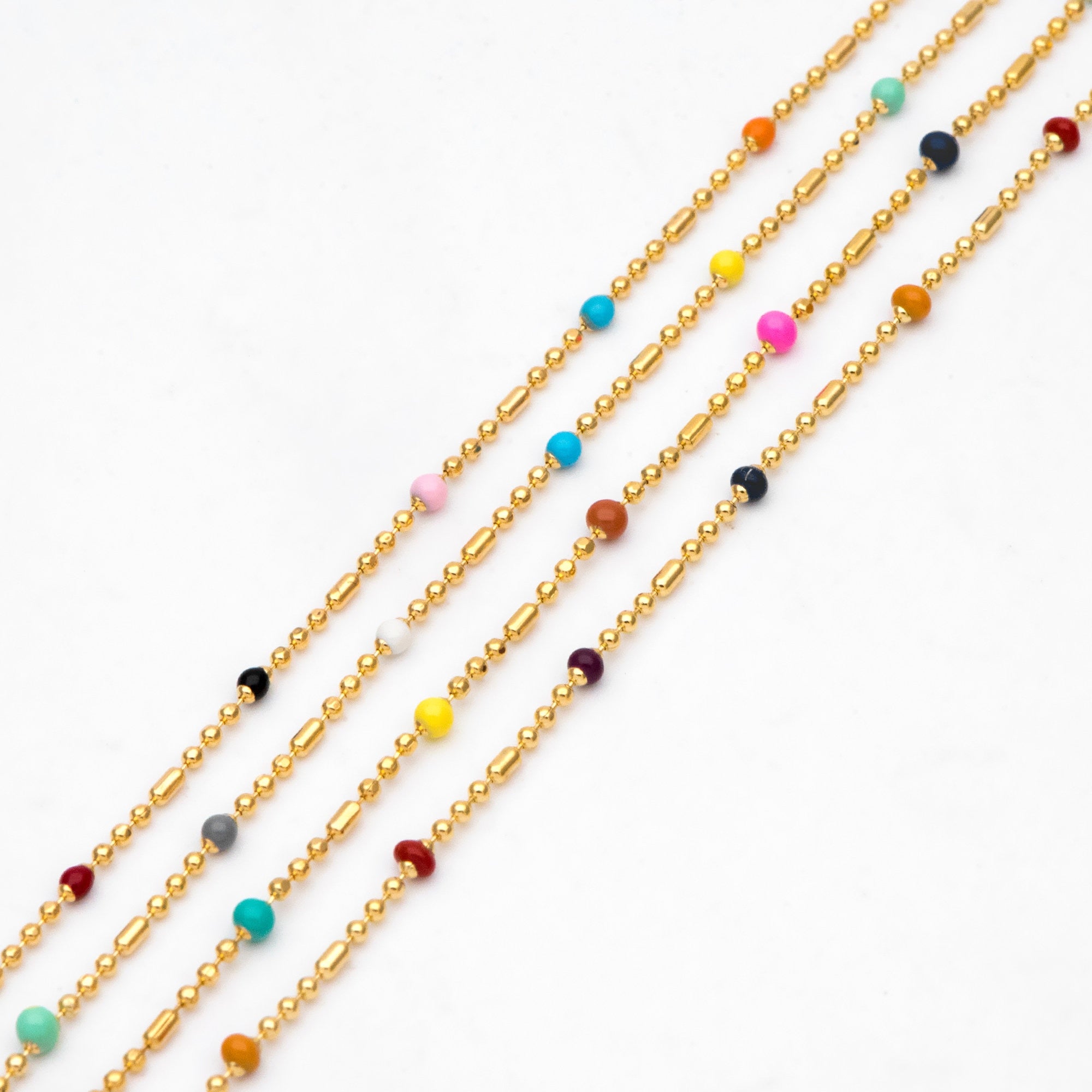 Mix Color Enamel Bead Chains: Gold Plated Brass Rainbow Chain, (#LK-579)/ 1 Meter